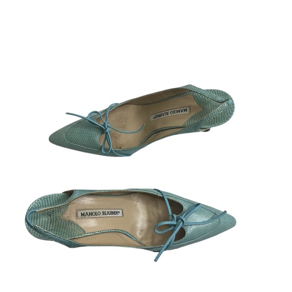 MANOLO BLAHNIK Reptile Skin Leather SHOES Slingbacks Heels Pump blue size 37 - Picture 14 of 15